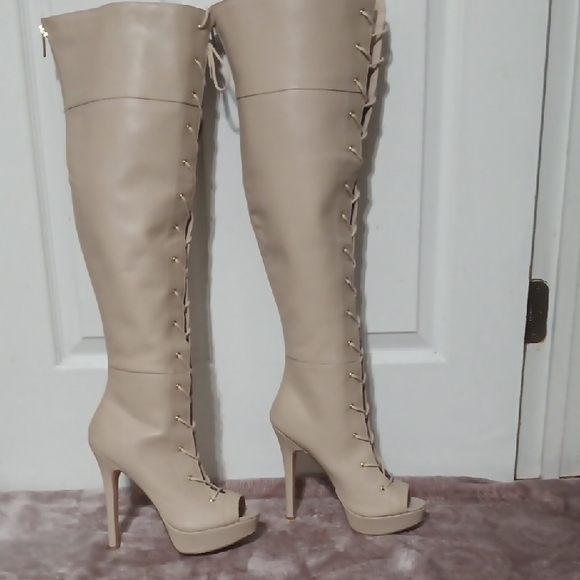Beige Lace-Up Over-the-Knee Boots Scene By Shoedazzle - Picture 7 of 8